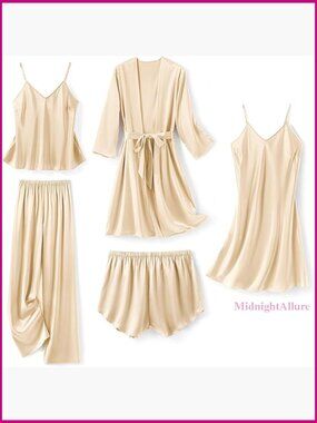 Satin Pajama Set 5-Piece with Robe Camisole Shorts Pants Sleepwear